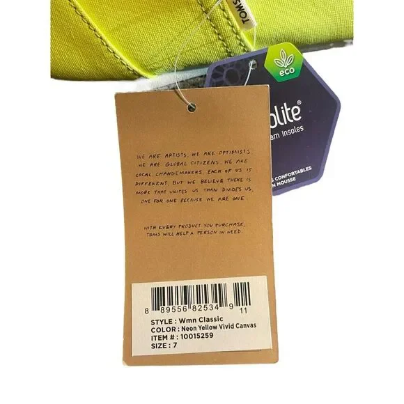 NWT Women's Toms Neon Yellow Slip On Canvas Shoes Size 7 - Picture 4 of 12